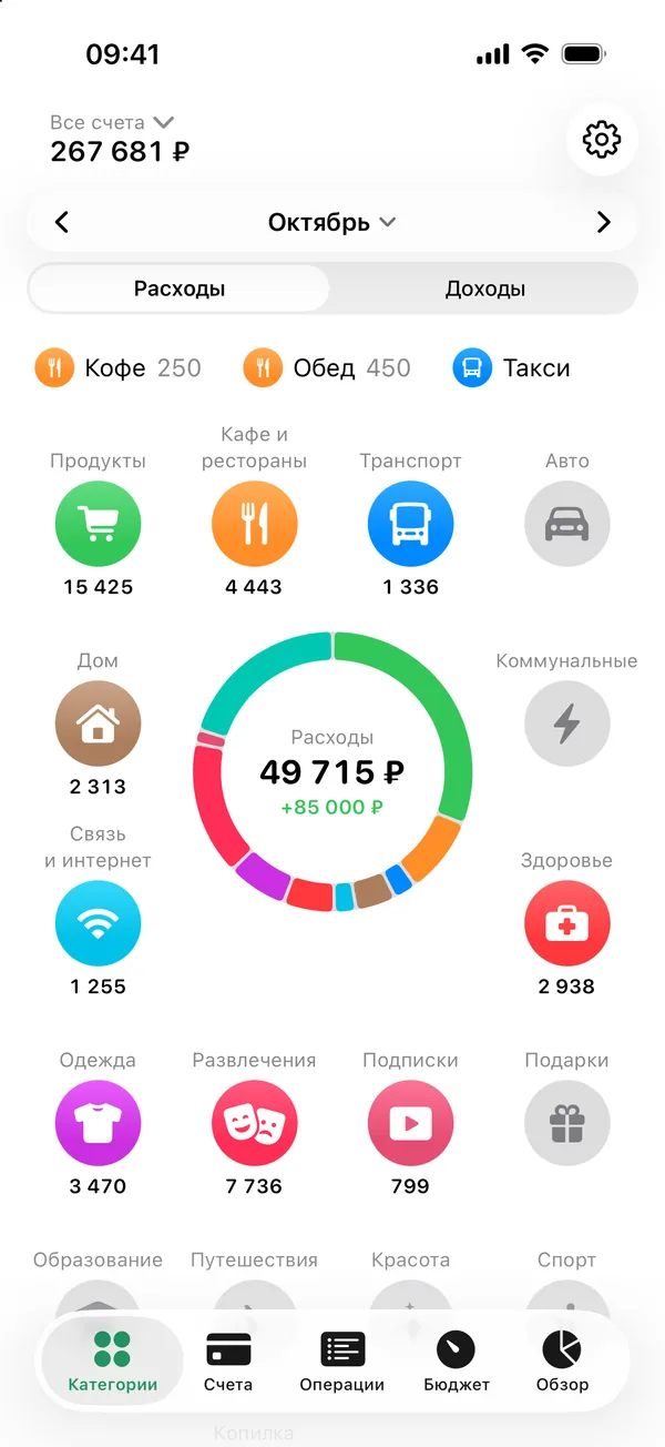 Главный экран: кольцо расходов за октябрь на 49 715 ₽ и категории с суммами.